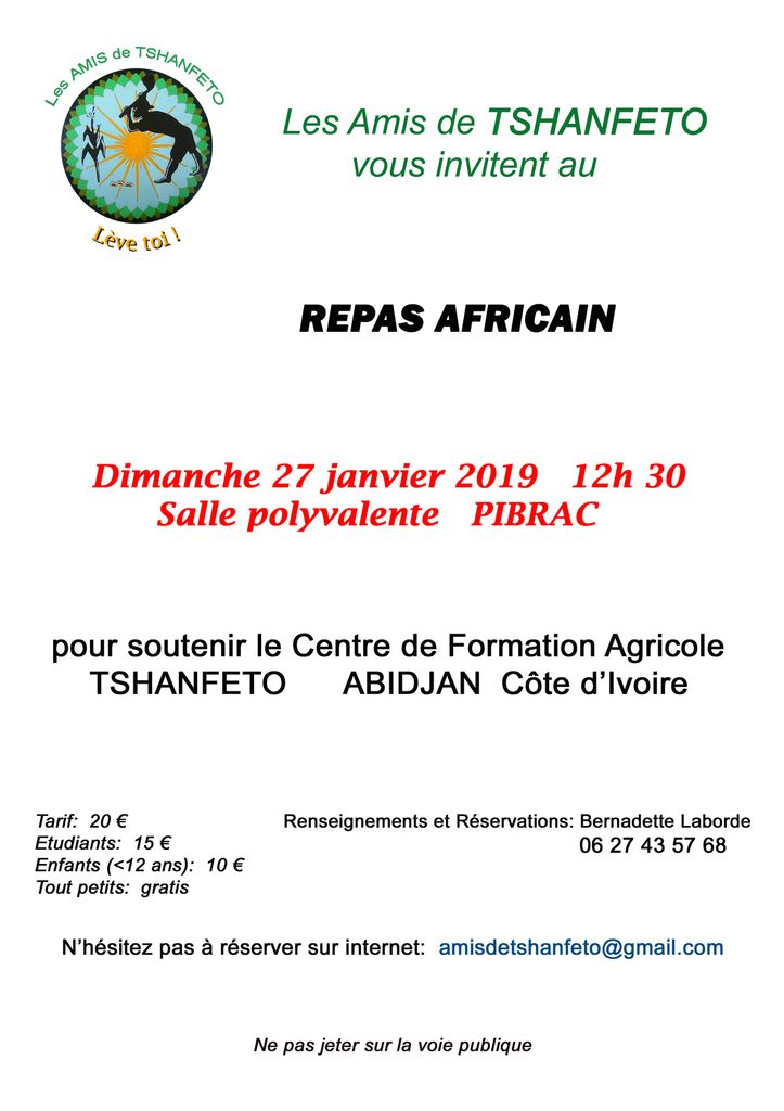 Repas Africain – dimanche 27 janvier – pour soutenir la ferme pédagogique de Tshanfeto en Côte d’Ivoire