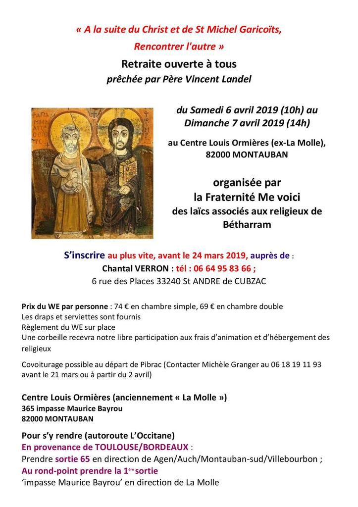 Fraternité me Voici : Retraite ouverte à tous les 6 et 7 avril