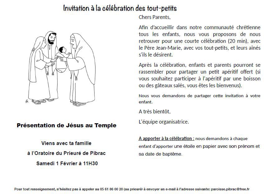 Célébration des tout-petits samedi 1er février au prieuré à 11h30