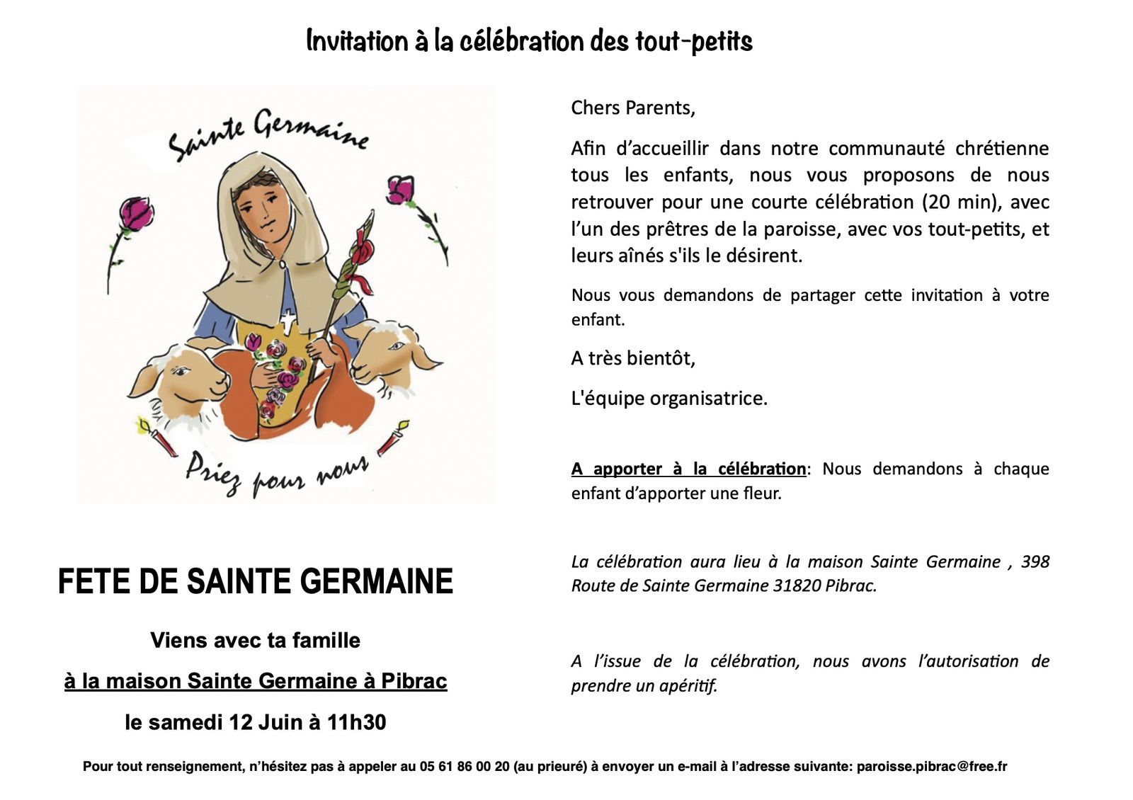 Fêtes de Sainte Germaine – Célébration des tout-petits – samedi 12 juin 11h30 à la maison sainte Germaine