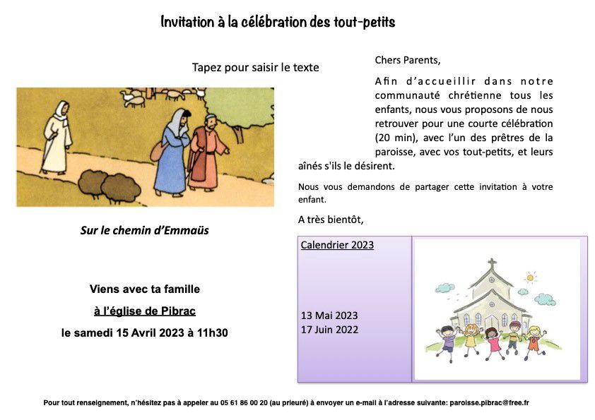 Célébration des Tout-petits – samedi 15 avril à 11h30 à l’église