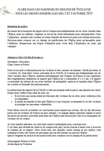 Lettre de l’évêque pour les paroissiens