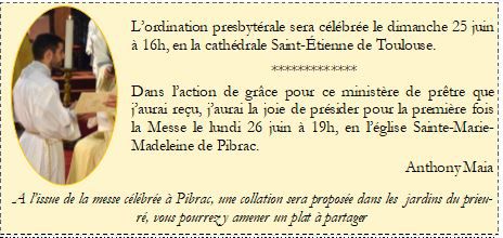 Ordination d’Anthony MAIA dimanche 25 juin à la cathédrale saint Etienne