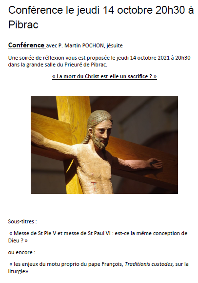 Conférence du 14 octobre à Pibrac : « La mort du Christ est-elle un sacrifice »